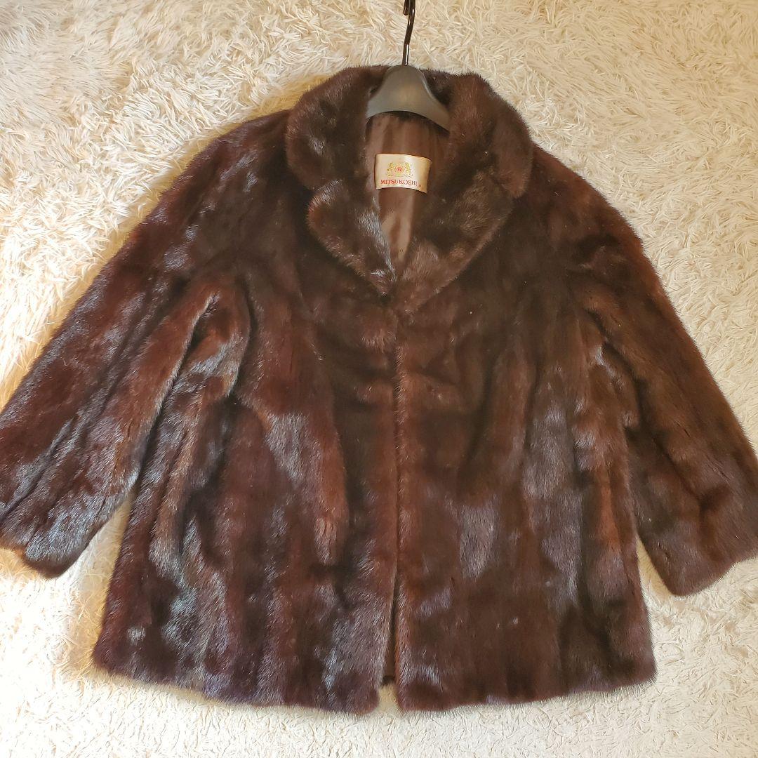 美品 MITSUKOSHI デミパフミンク毛皮 ファーコート 15号 ミドル