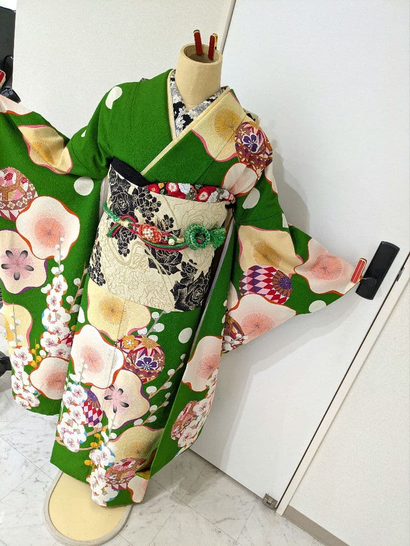 あ*ぺ様 緑色 振袖 着物 振り袖フルセット全て揃います