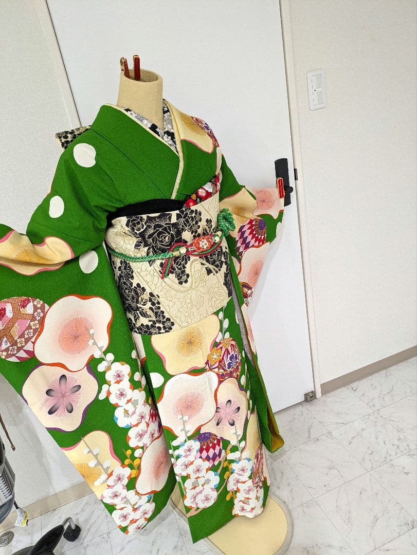 あ*ぺ様 緑色 振袖 着物 振り袖フルセット全て揃います