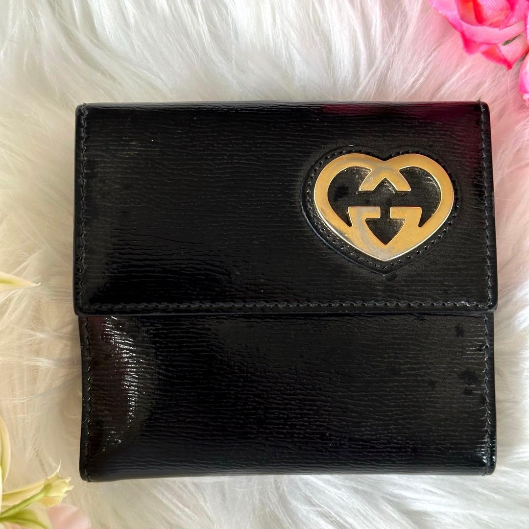 美品✨GUCCI 二つ折り財布　ダブルホック ブラック レザー ハート