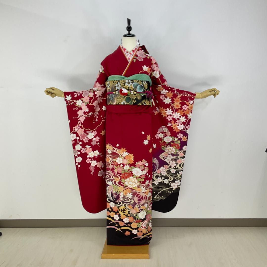 正絹お振袖　S～Mサイズ　赤 正絹　美品