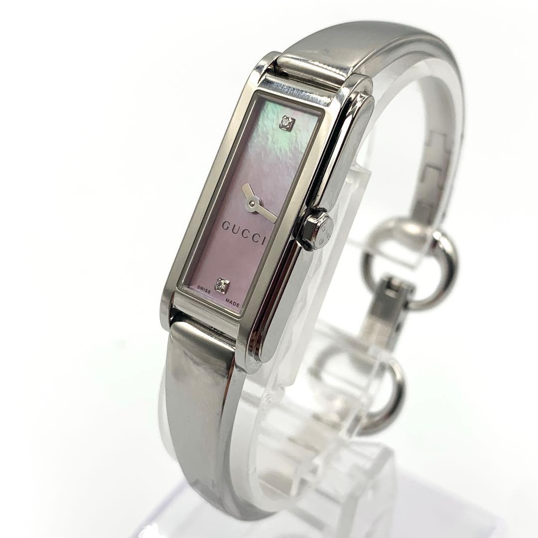 【新品電池 稼動】GUCCI レディース時計 ピンクシェル文字盤 ダイヤ ロゴ.