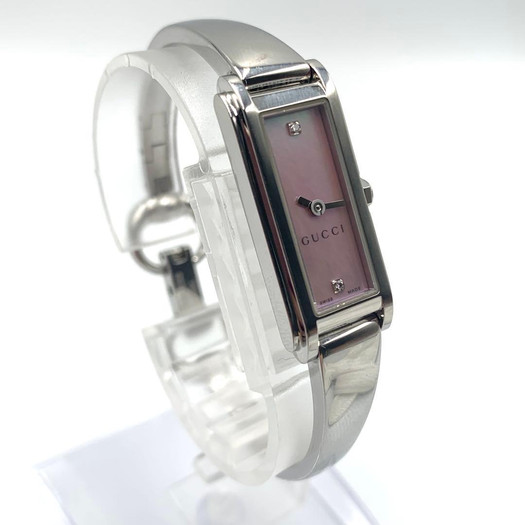 【新品電池 稼動】GUCCI レディース時計 ピンクシェル文字盤 ダイヤ ロゴ.