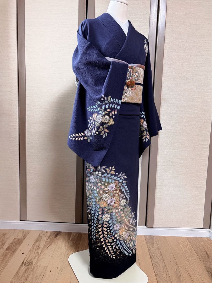 美品　正絹　訪問着　辻が花　翠山工房　裄68 卒業式　入学式　M L 紺