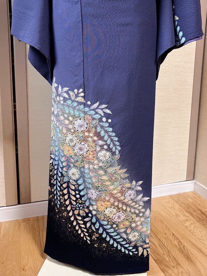 美品　正絹　訪問着　辻が花　翠山工房　裄68 卒業式　入学式　M L 紺