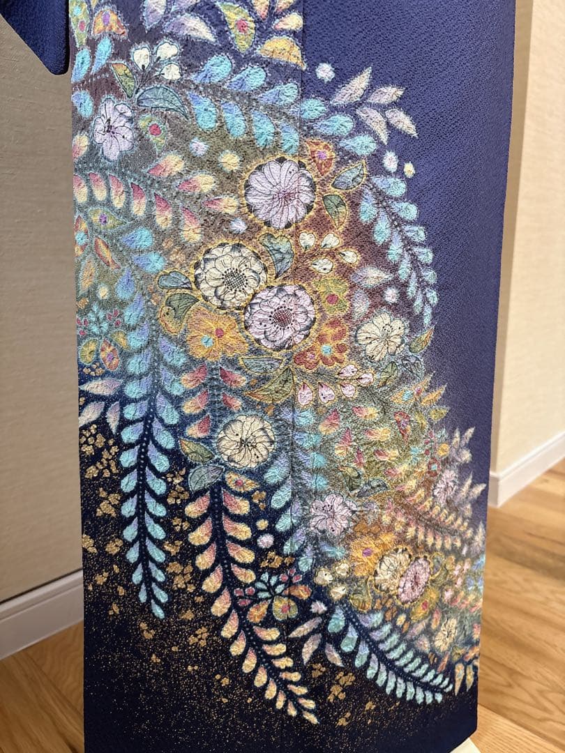 美品　正絹　訪問着　辻が花　翠山工房　裄68 卒業式　入学式　M L 紺