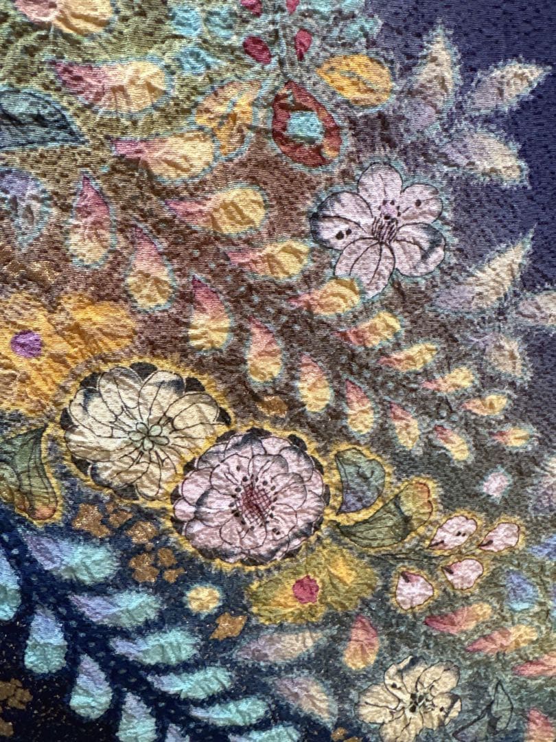 美品　正絹　訪問着　辻が花　翠山工房　裄68 卒業式　入学式　M L 紺