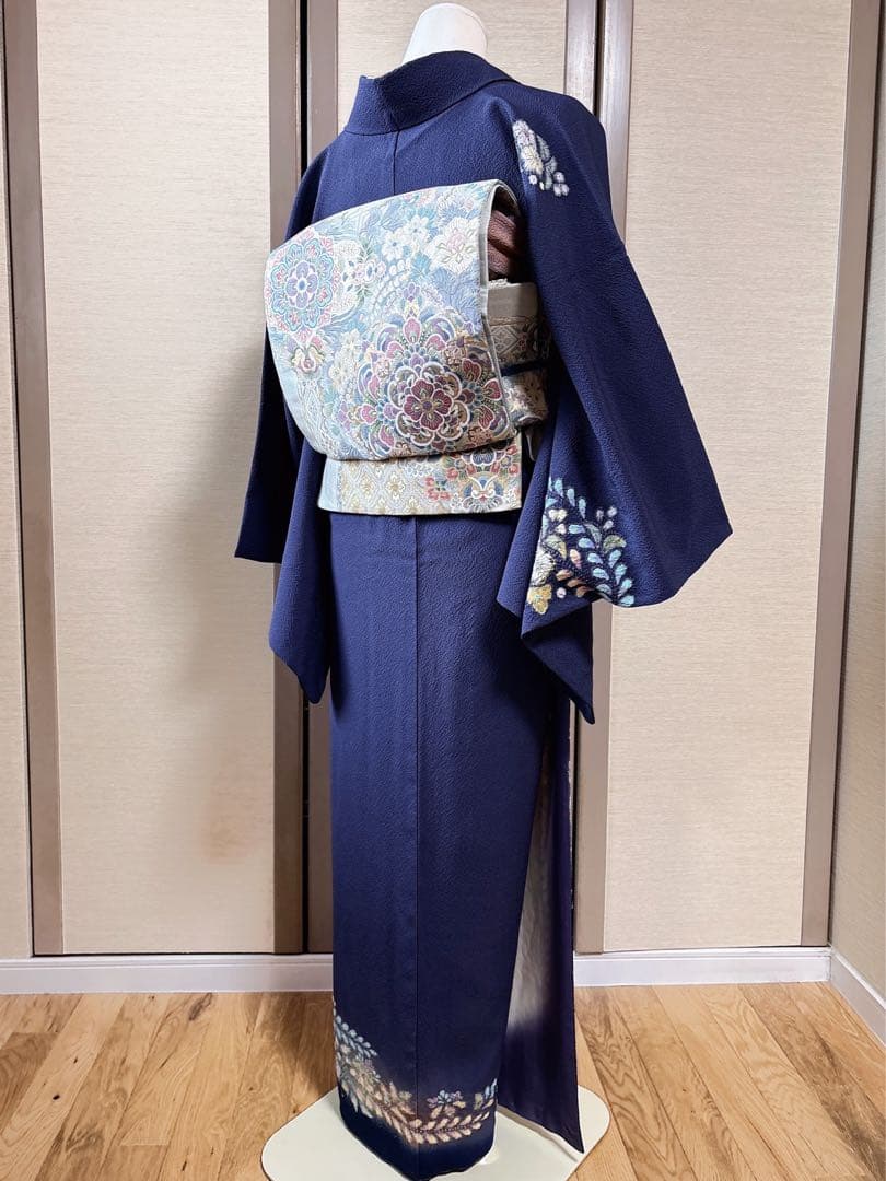 美品　正絹　訪問着　辻が花　翠山工房　裄68 卒業式　入学式　M L 紺