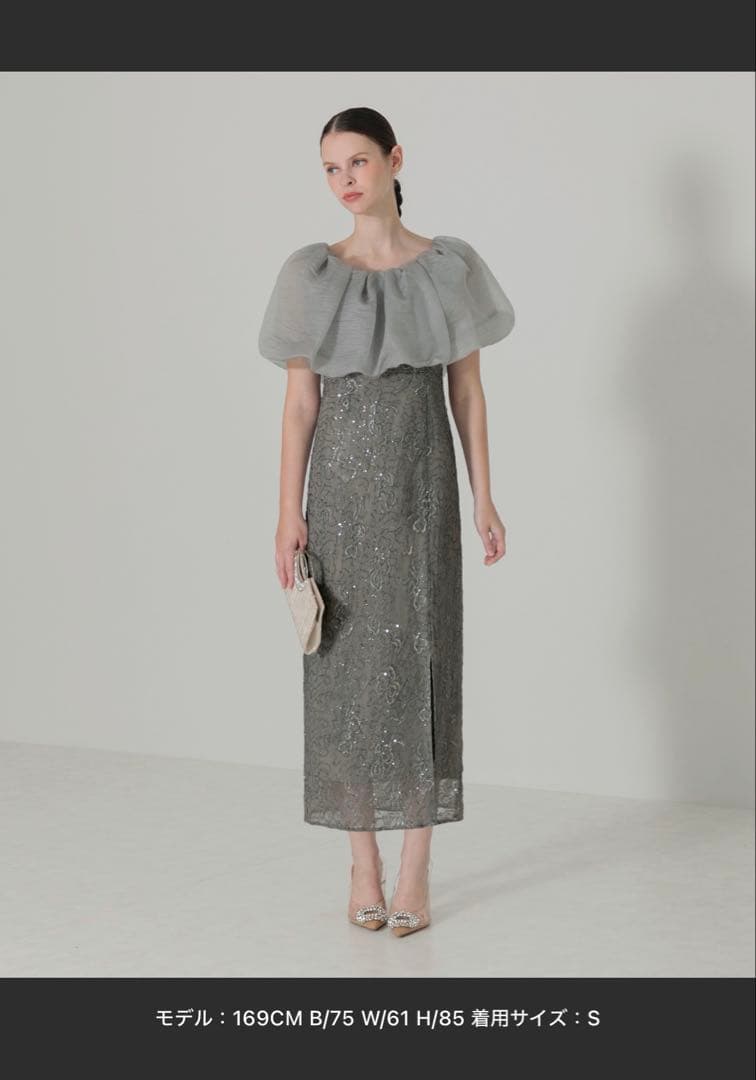 LEJA 2WAYオフショルダーパフスリーブスリットIラインロングドレス