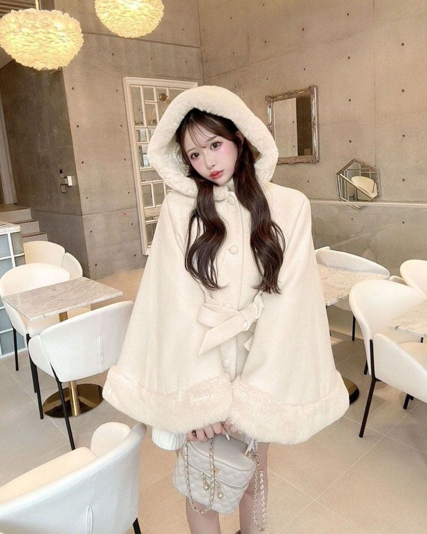 シェリミー フード付き リボン ポンチョコート ホワイト