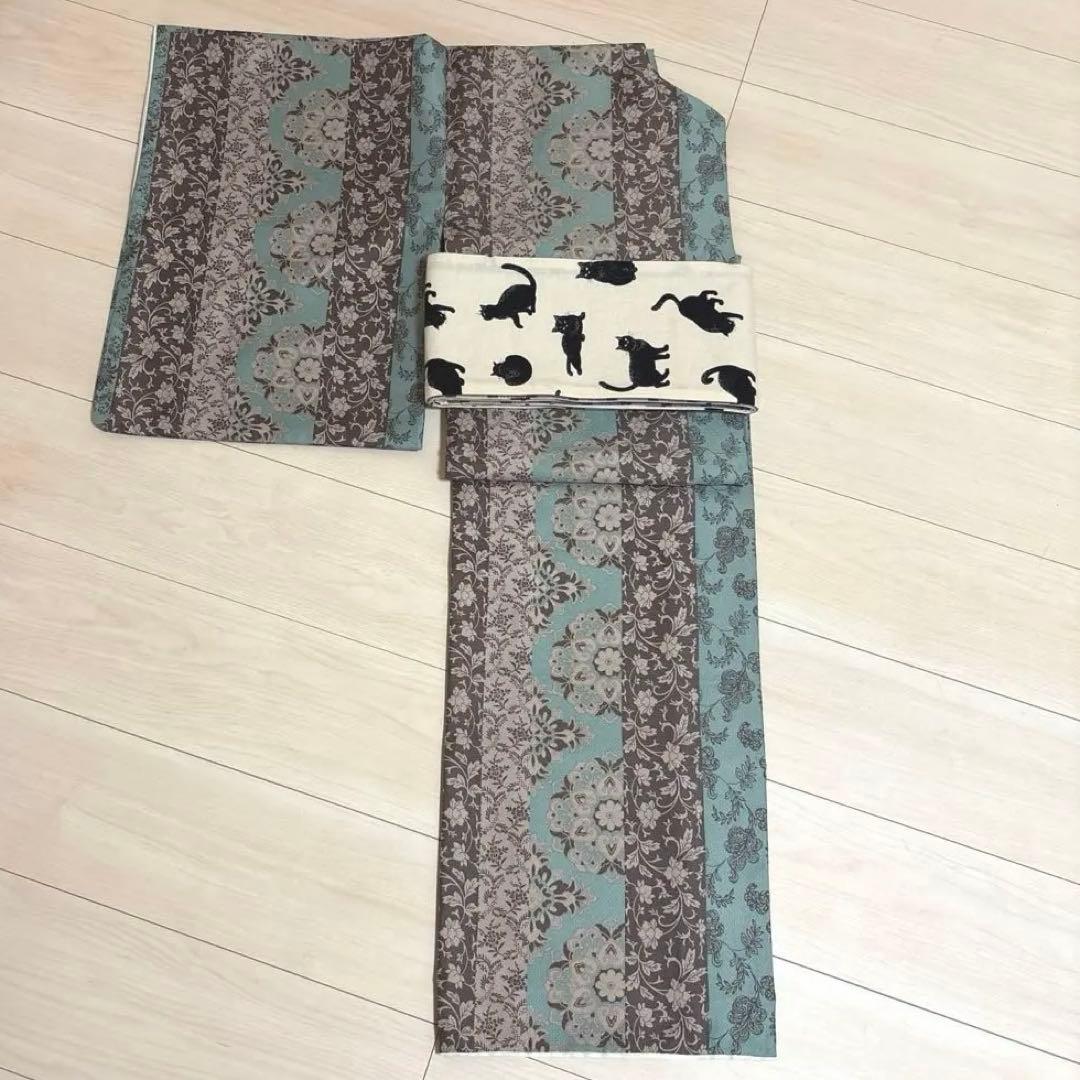 洗える着物 袷着物単品 「縞更紗　水色」 KIMONOMACHI オリジナル