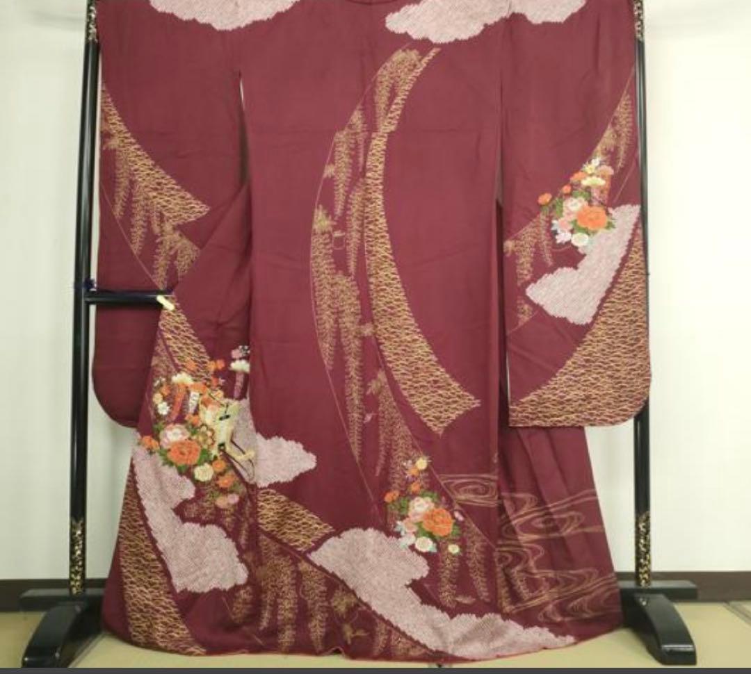 振袖フルセット6点サイズM〜Ｌ振袖　駒刺繍　絞り　御所車花文　金彩　正絹