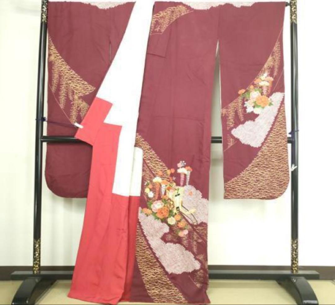 振袖フルセット6点サイズM〜Ｌ振袖　駒刺繍　絞り　御所車花文　金彩　正絹