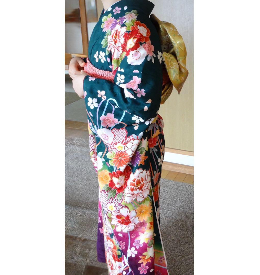 振袖　草履・バッグ・ファー・和装小物付き　正絹　京都きもの友禅　身丈160cm