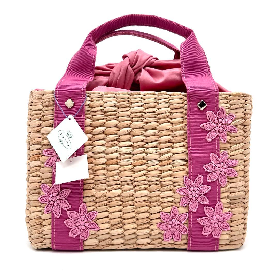 【新品タグ付き】TOCCA かごバッグ フラワー 刺繍 レース ラフィア ピンク
