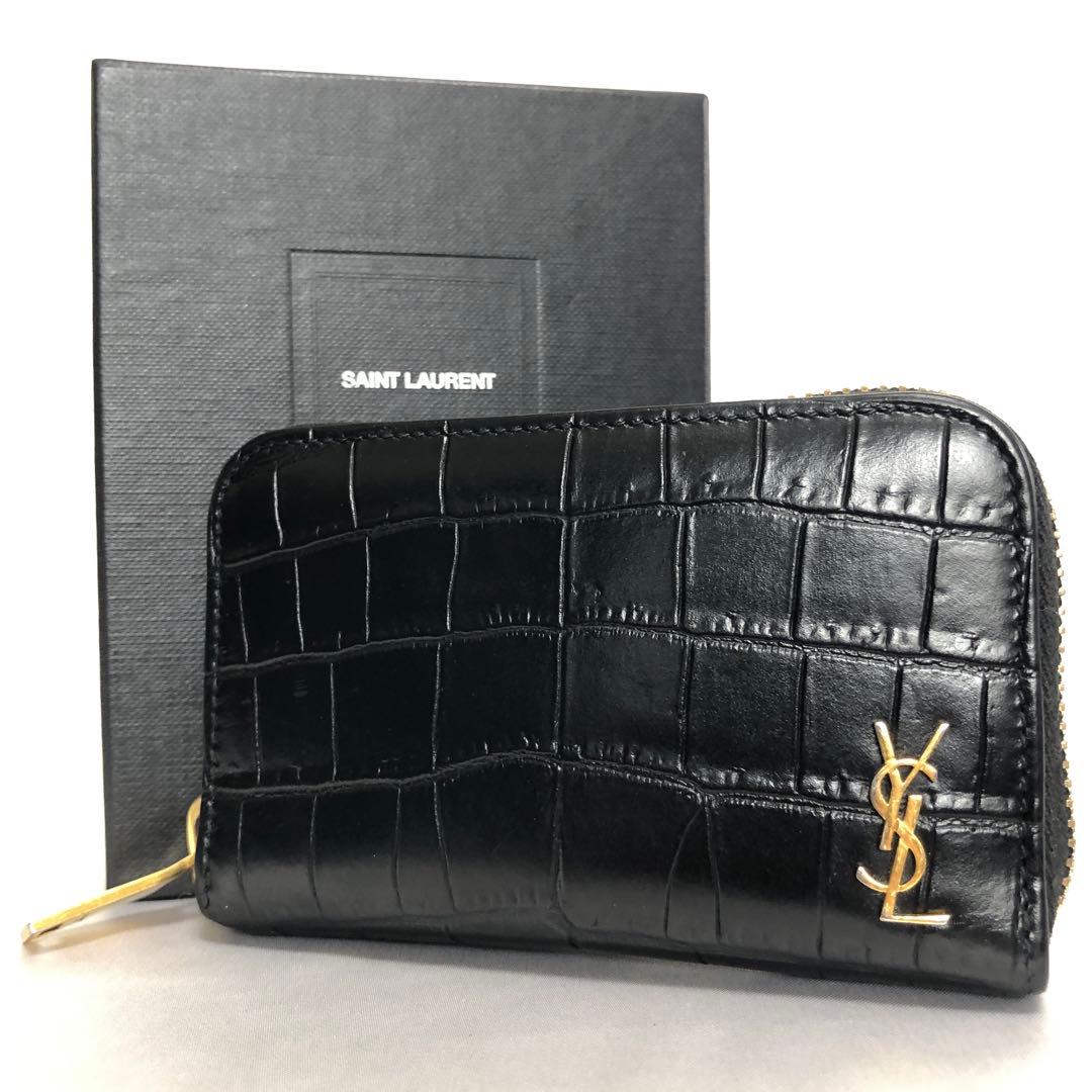 極美品　サンローランパリ　ケース　YSLロゴ　クロコ型押し　レザー　黒