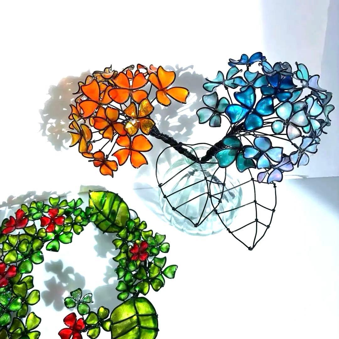 紫陽花リース　ワイヤークラフト　ディップアート 壁飾り　インテリア　アート