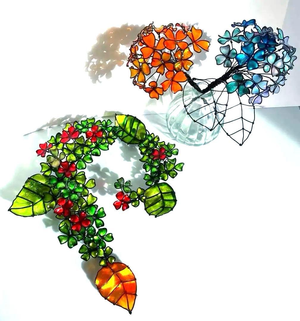 紫陽花リース　ワイヤークラフト　ディップアート 壁飾り　インテリア　アート