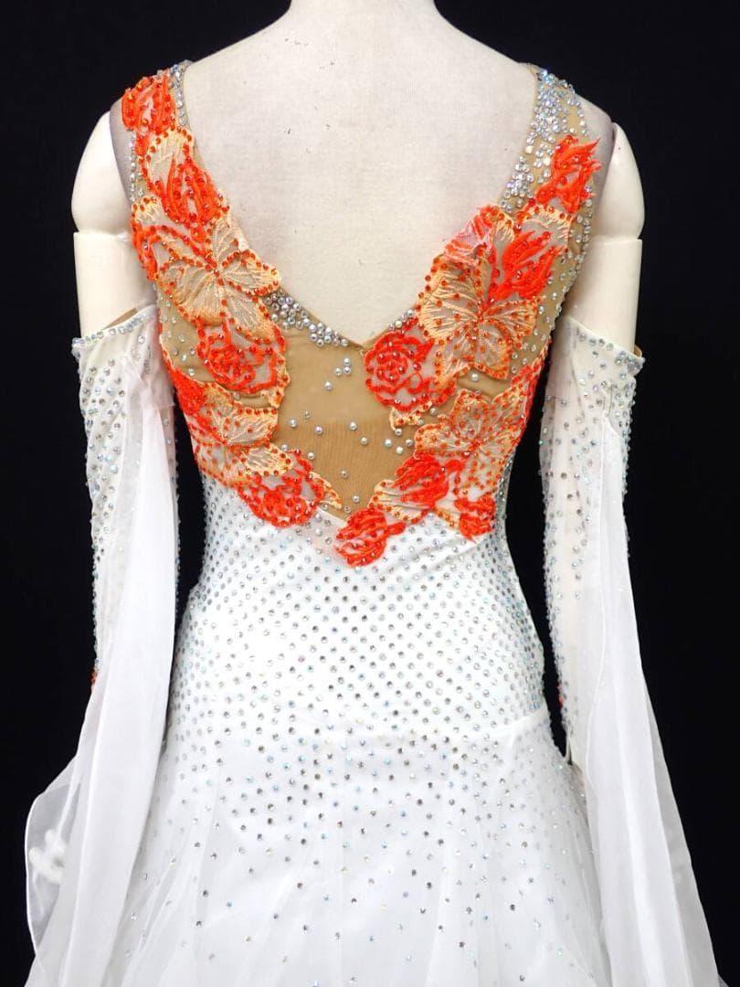 B1379★オフ白×オレンジ/チュール/ワンピ/スタンダードドレス☆社交ダンス