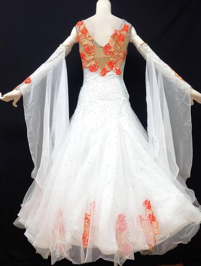 B1379★オフ白×オレンジ/チュール/ワンピ/スタンダードドレス☆社交ダンス