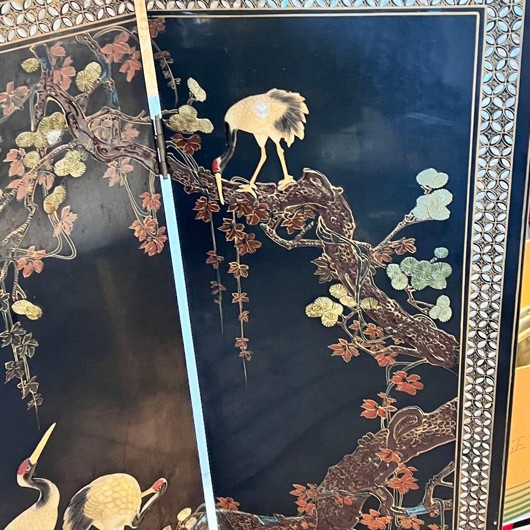 一点　中国美術 螺鈿細工 鶴　年代物　パーテーション 飛天 漆器 天水