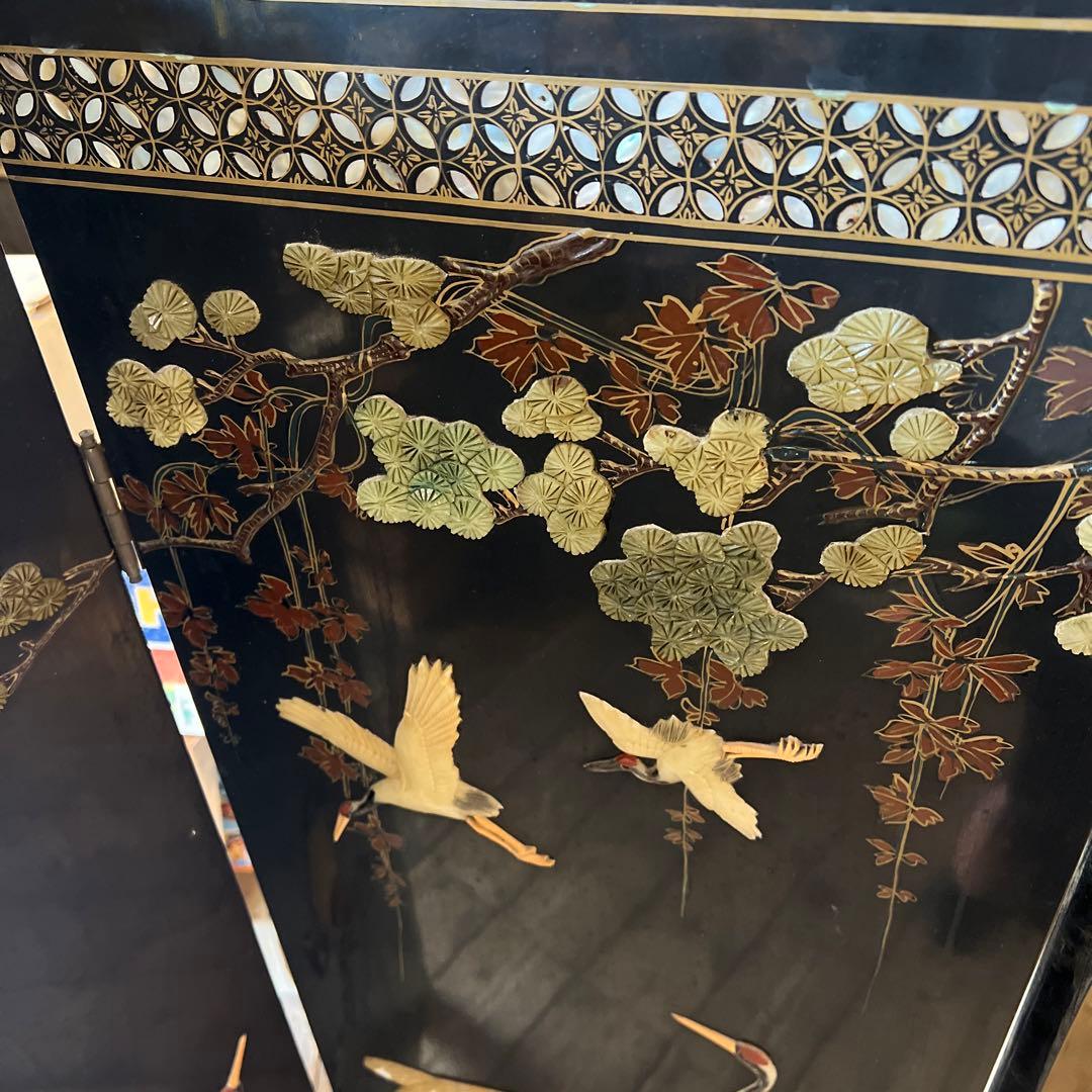 一点　中国美術 螺鈿細工 鶴　年代物　パーテーション 飛天 漆器 天水