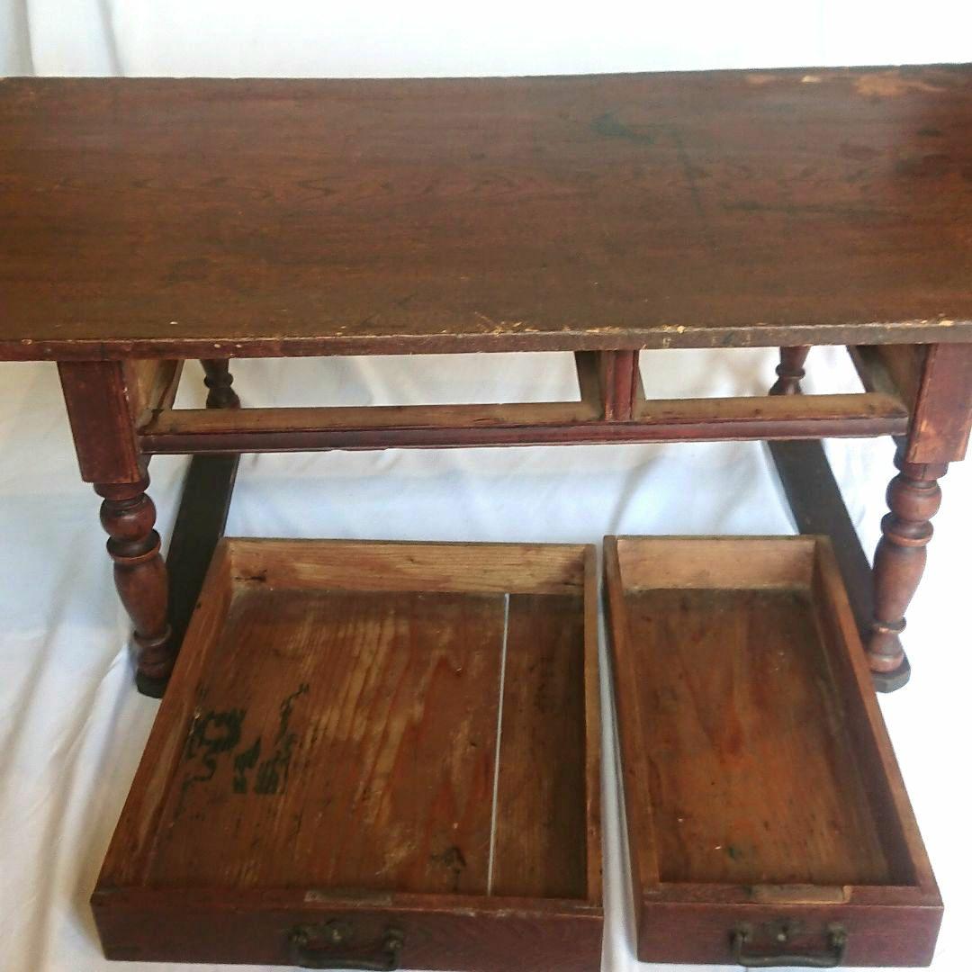 【昭和レトロ】木製文机 ダークブラウン 引き出し２つ アンティーク