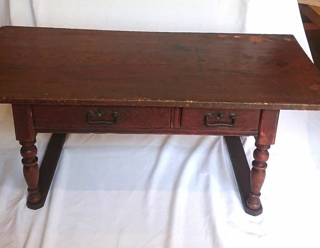 【昭和レトロ】木製文机 ダークブラウン 引き出し２つ アンティーク