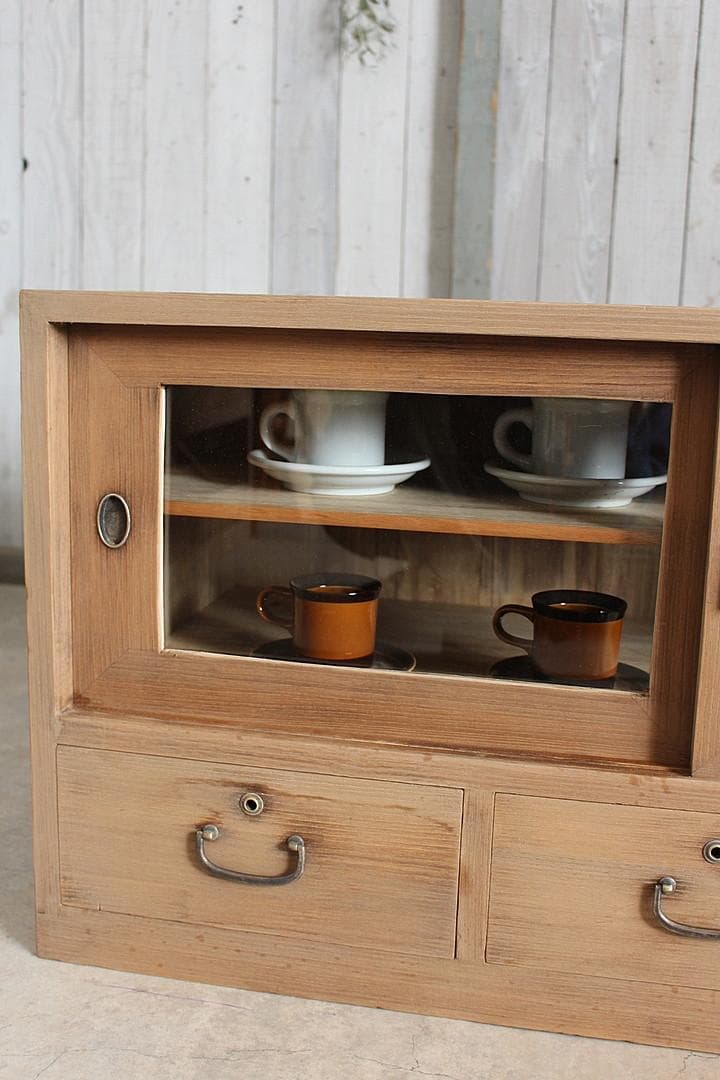 古いガラス戸棚×木製小引き出し3杯　ローチェスト　ローボード　古家具