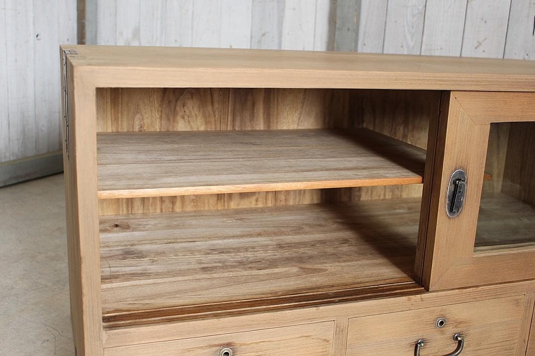 古いガラス戸棚×木製小引き出し3杯　ローチェスト　ローボード　古家具