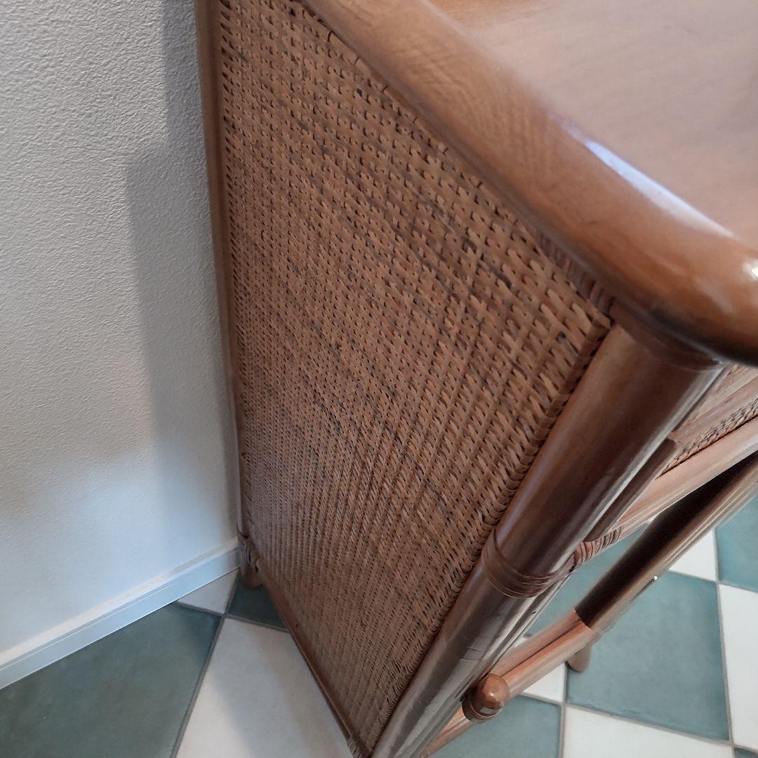 【ラタン電話台】ガラス扉 籐 チェスト 昭和レトロ　ヴィンテージ