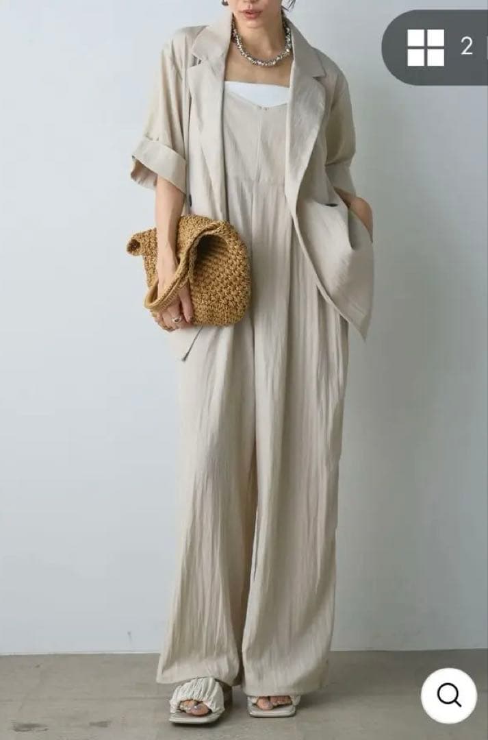 【esica】リネンライク半袖ダブルジャケット+リネンライクビスチェ風サロペット