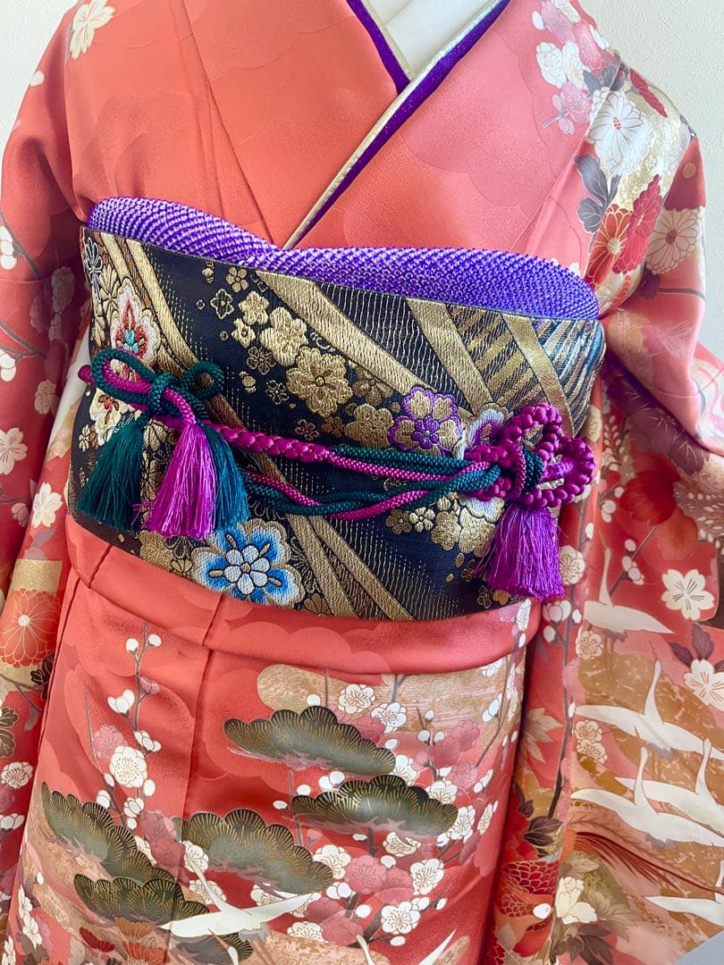 な*お様 振袖　振袖フルセット　着物　鶴模様　竹松　金彩　朱色　金糸