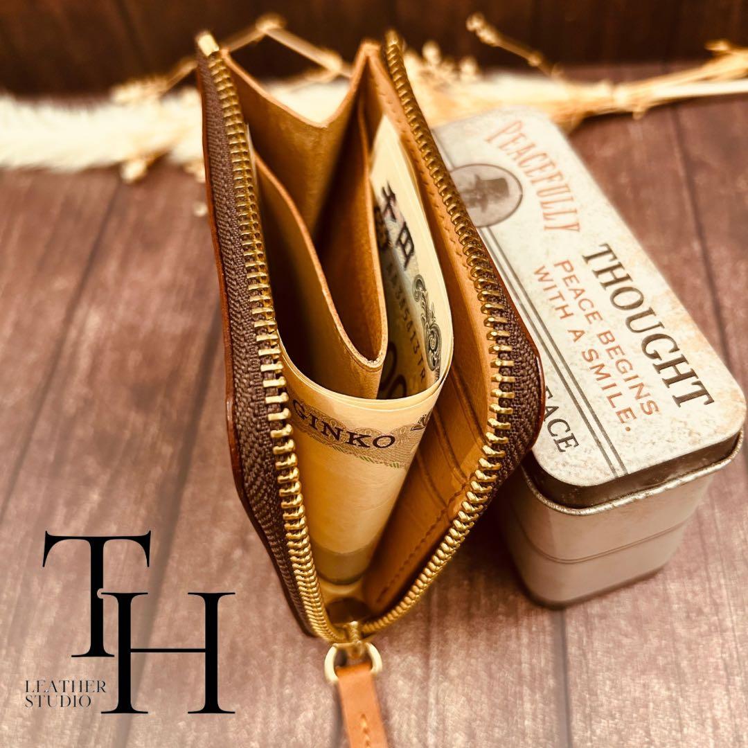 イタリアンレザー　ヌメ革　L字ファスナーウォレット　ライトブラウン　コンパクト