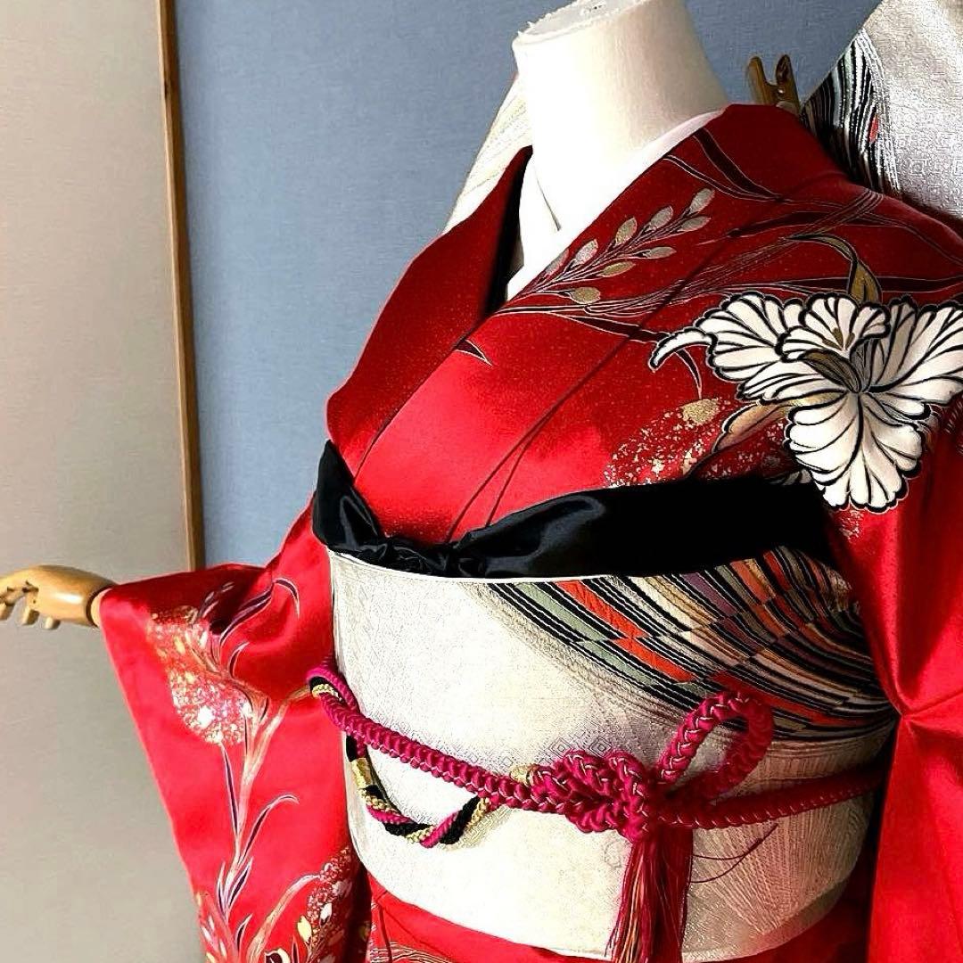 振袖フルセット　高身長　手描き友禅　成人式振袖　振袖　裄丈68 赤黒　バタフライ