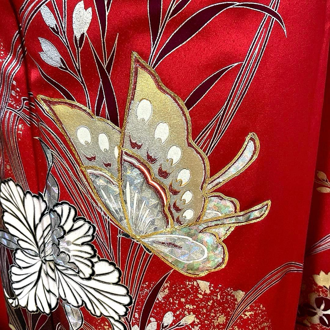 振袖フルセット　高身長　手描き友禅　成人式振袖　振袖　裄丈68 赤黒　バタフライ