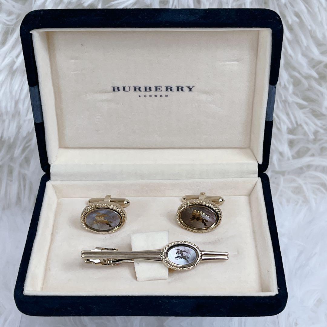 未使用級 BURBERRY カフスボタン タイピン セット シェル 白蝶貝