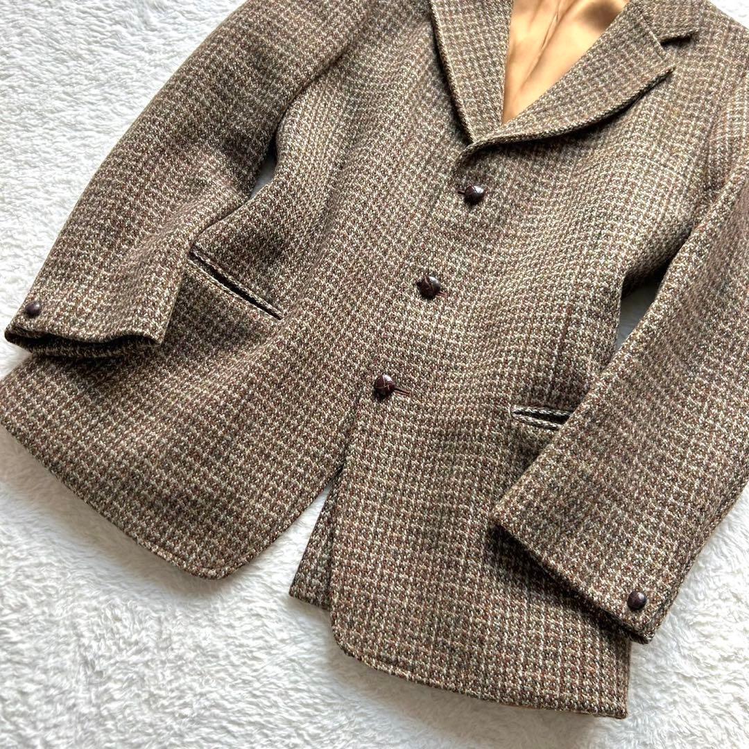 美品 ハリスツイード ヘリンボーン テーラードジャケット 胡桃ボタン ブラウン