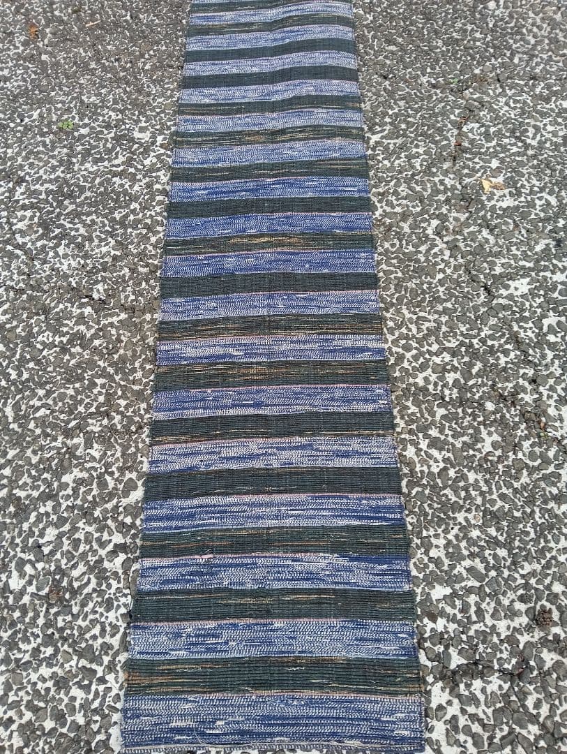 青と緑のストライプ 織物ランナー、裂織