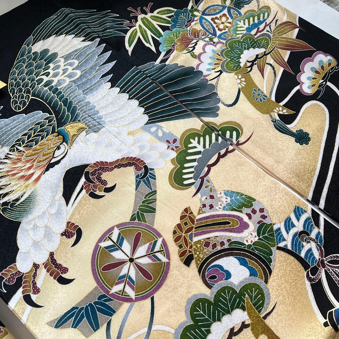 男の子　お宮参り用黒地金色鷲刺繍着物　長襦袢　　クリーニング済み　一回着用