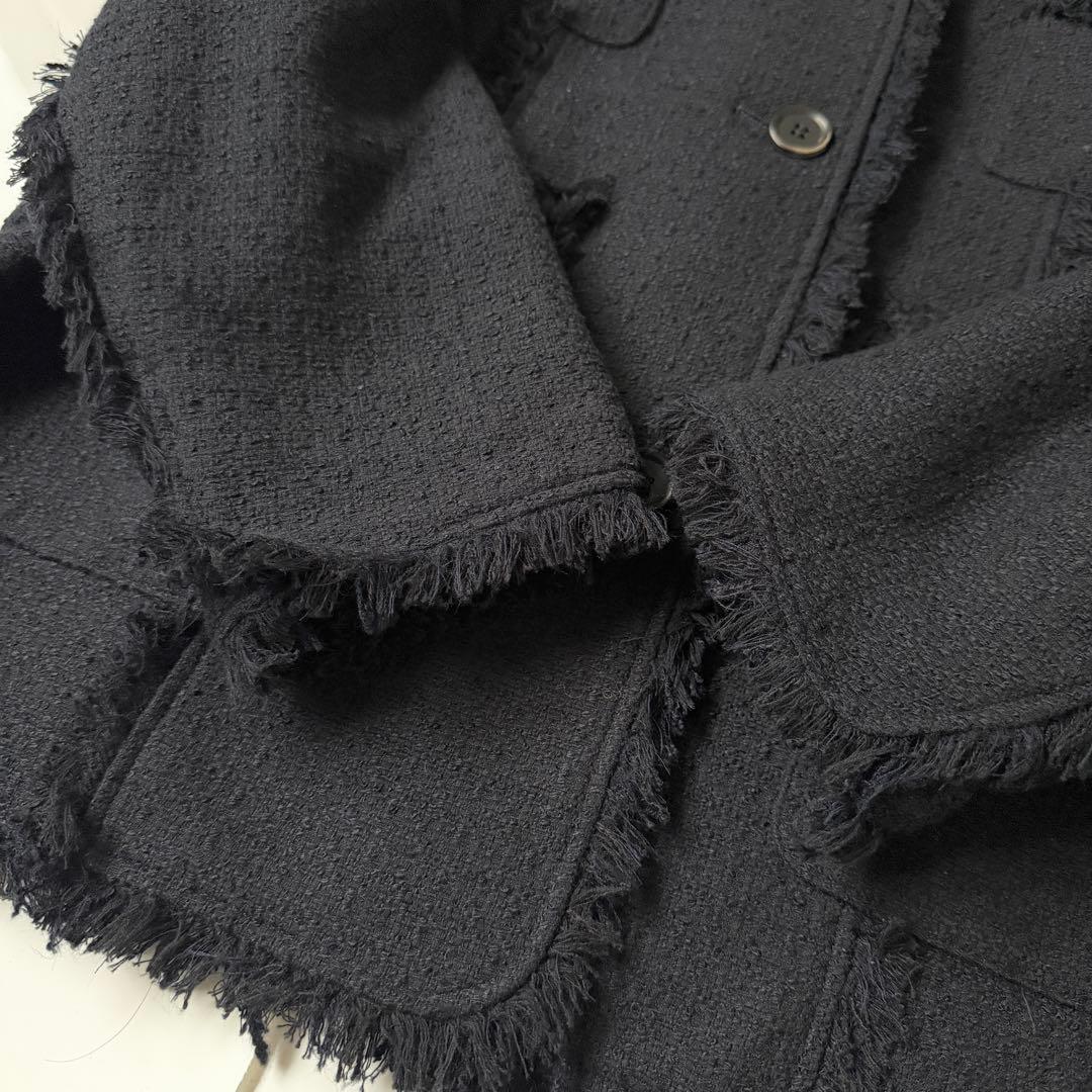 ハウント HAUNT ノーカラージャケット　ネイビー　濃　ツイード　フリンジ