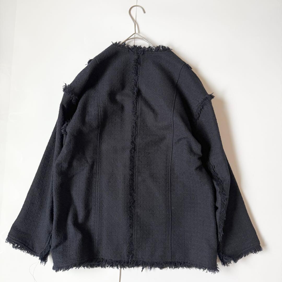 ハウント HAUNT ノーカラージャケット　ネイビー　濃　ツイード　フリンジ