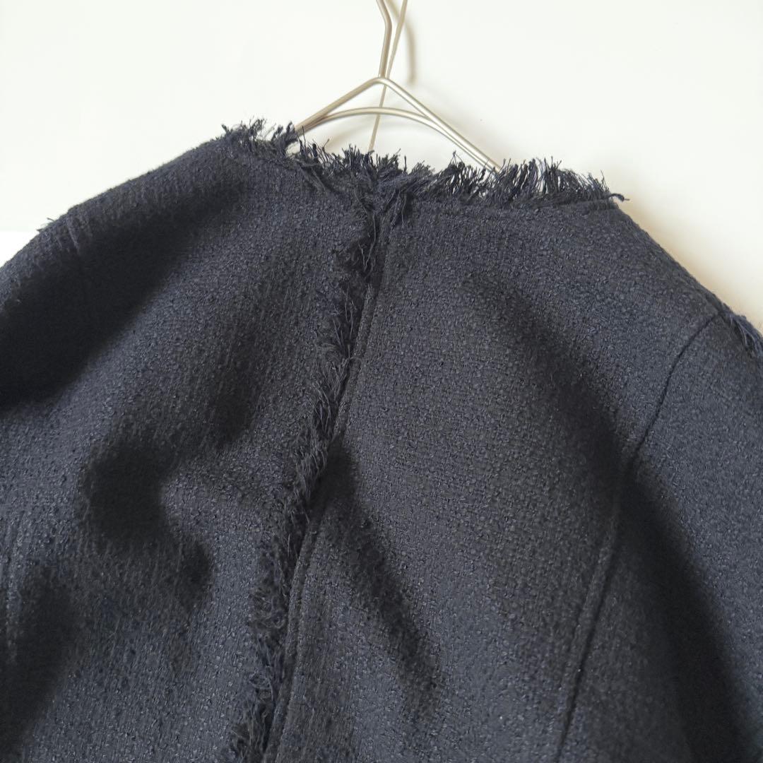 ハウント HAUNT ノーカラージャケット　ネイビー　濃　ツイード　フリンジ