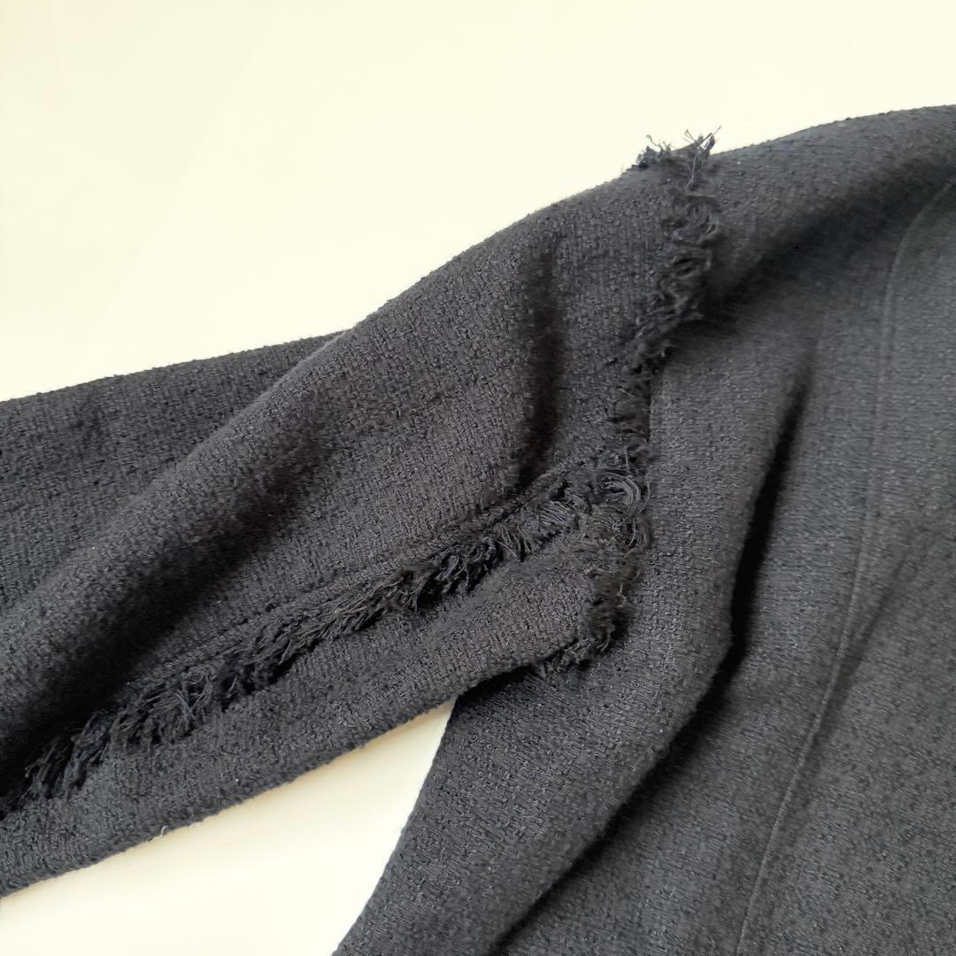 ハウント HAUNT ノーカラージャケット　ネイビー　濃　ツイード　フリンジ