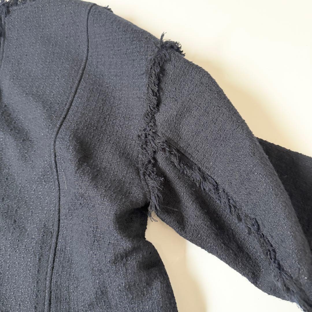 ハウント HAUNT ノーカラージャケット　ネイビー　濃　ツイード　フリンジ