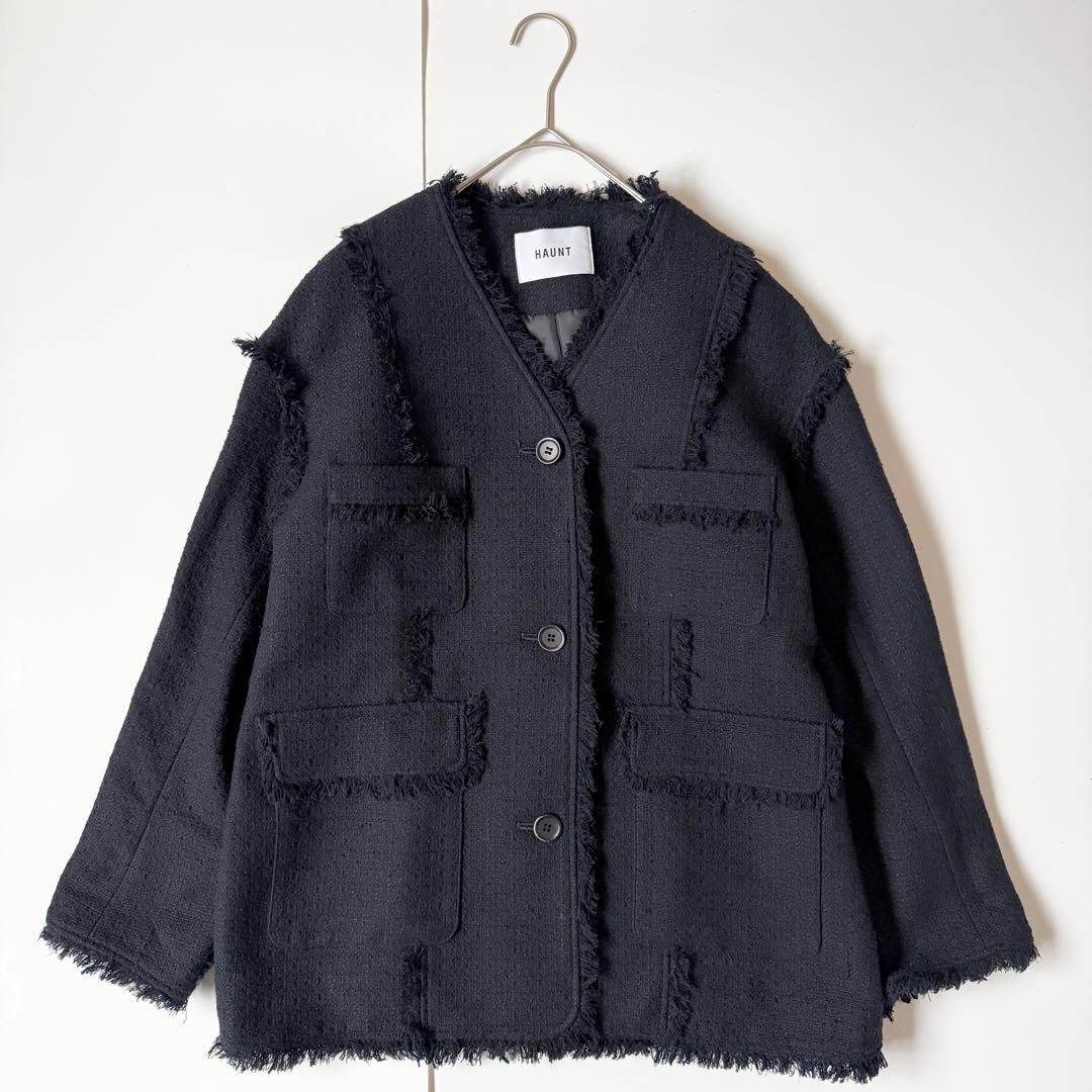 ハウント HAUNT ノーカラージャケット　ネイビー　濃　ツイード　フリンジ