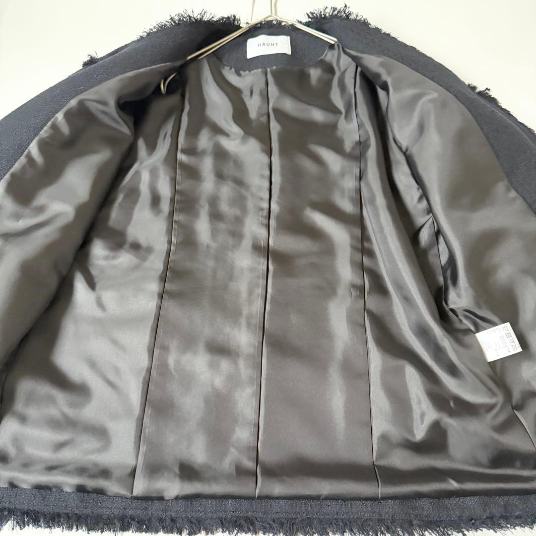 ハウント HAUNT ノーカラージャケット　ネイビー　濃　ツイード　フリンジ