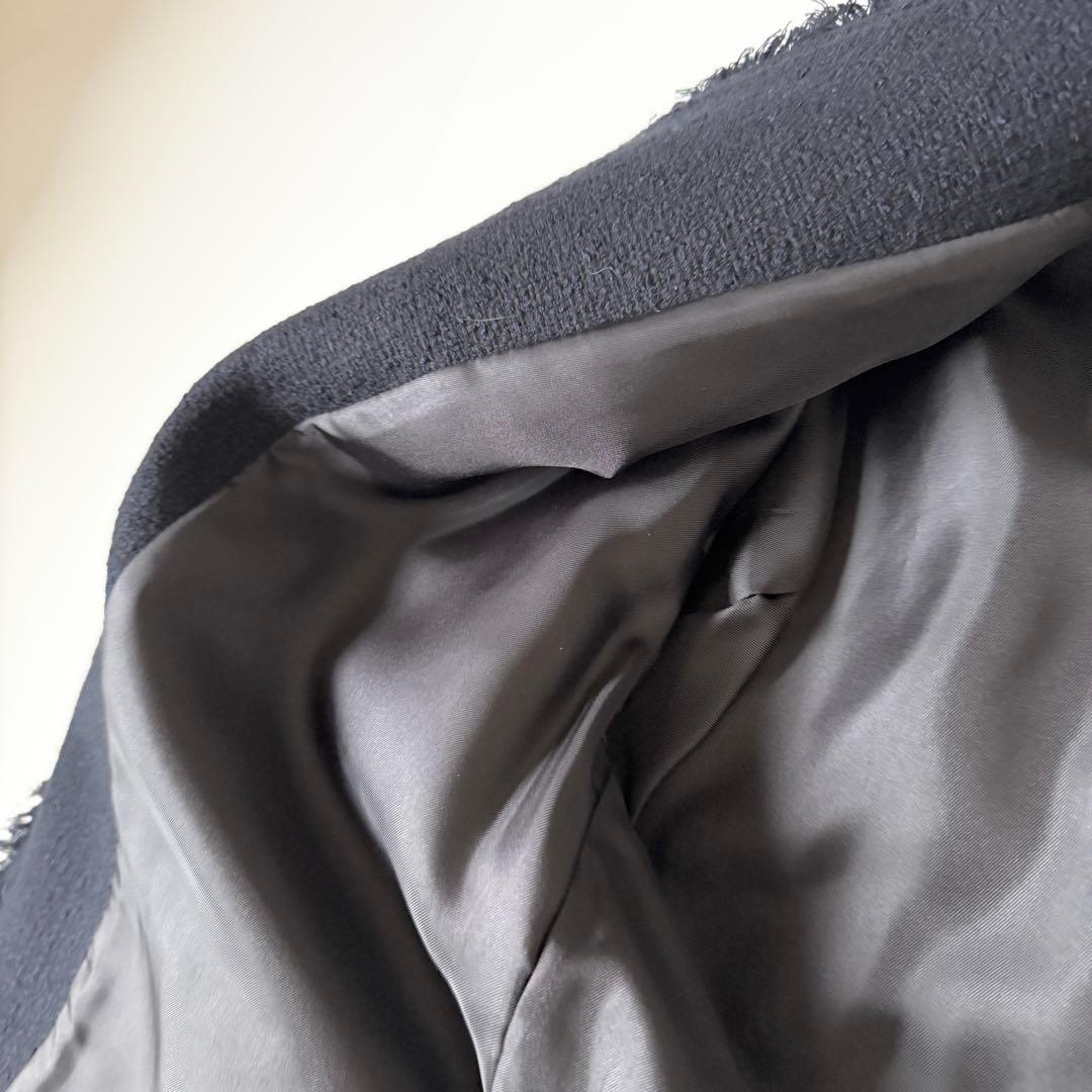 ハウント HAUNT ノーカラージャケット　ネイビー　濃　ツイード　フリンジ