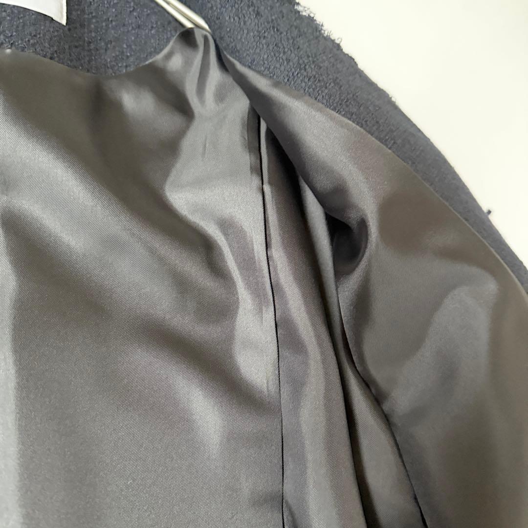 ハウント HAUNT ノーカラージャケット　ネイビー　濃　ツイード　フリンジ