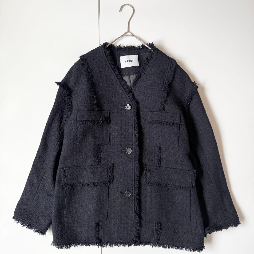 ハウント HAUNT ノーカラージャケット　ネイビー　濃　ツイード　フリンジ